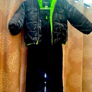 4t Osh Kosh Boys Black Dinosaur jacket and black snow bib.
